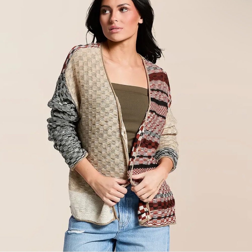 Gilded Intent Checkered Stitch Cardigan Sweater